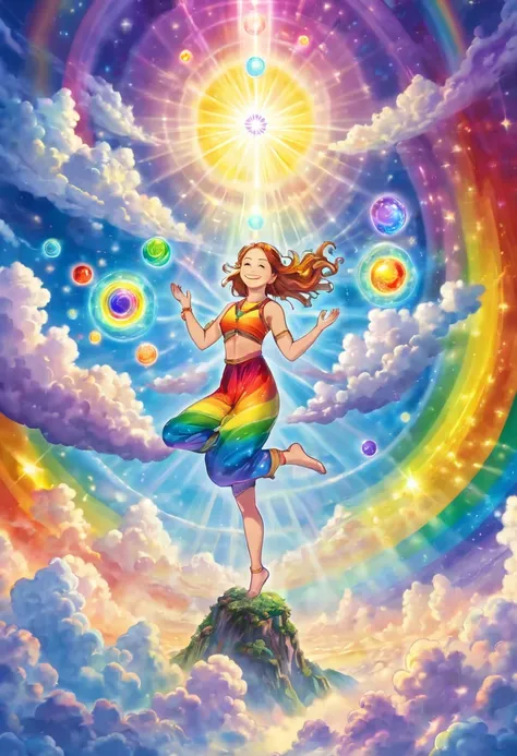 Students learning chakra healing, magic school, chakras floating and glowing, above the clouds, smiling faces, spheres of light, rainbow colored lights, the light rises