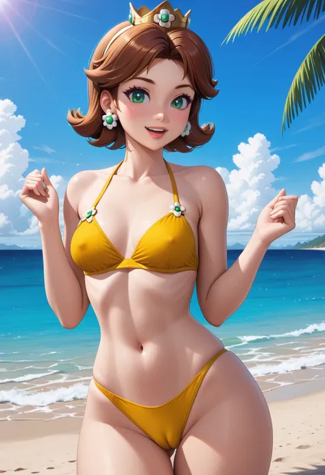 1girl, princess daisy, small breasts, brown hair, short hair, princess crown, green eyes, yellow bikini, cameltoe, beach, masterpiece quality, intricate detail, 4k resolution, ultra hd, 