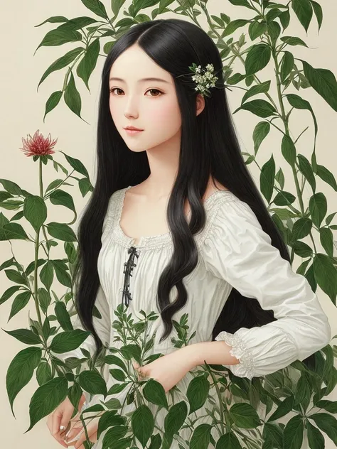 Girl, in botanical illustration, masterpiece, best quality, classic, extremely detailed, leaves, black hair, long hair