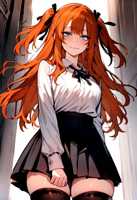 (masterpiece), best quality, expressive eyes, perfect face, 1girl, solo, blue eyes, dark orange Hair, Loose hair, hair ribbon, long hair, black ribbon, sidelocks, bangs two side up, smile, black skirt, black thigh-highs, long sleeves, miniskirt, pleated sk...