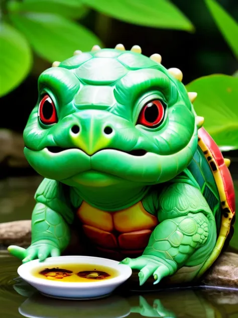 Please draw a realistic image of a kappa sitting by a river。Kappa have green skin、It has a turtle-like shell on its back。There is a small plate on the top of the head、There is water there。The kappa&#39;s face has a slightly innocent look.、holding a small f...