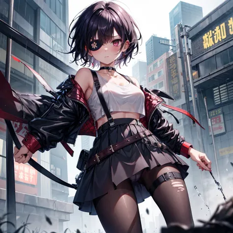 ((Highest quality)), ((masterpiece)), ((detailed)), (4K), 1girl, 独奏, red eye, (eyepatch), short hair, messy hair, black purple hair, crop top, leather jacket, medium breasts, Torn miniskirt, suspender skirt, torn pantyhose, panties under pantyhose, choker,...