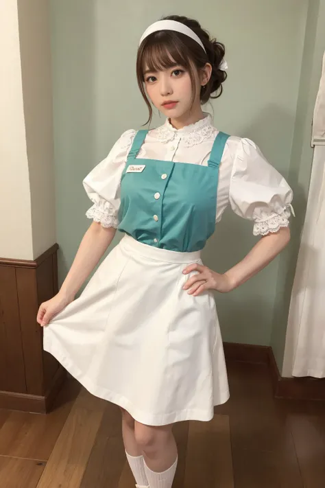 (One woman), short bob, 28 years old, Japanese, brown eyes, brown hair, slim figure, flat chest, flushed, flushed cheeks, flushed face
BREAK
///Fashions 
Retro Diner Waitress Outfit
This outfit is inspired by classic American diners from the 1950s, The wai...