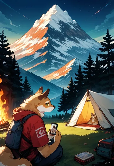 top quality, best quality, High-quality illustrations, masterpiece, super high resolution, detailed background, detailed background, Campsite in the mountains, group shot, 1boy, 1girl, camp-fire, night sky, absurdres(highly detailed beautiful face and eyes...