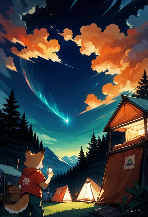 top quality, best quality, High-quality illustrations, masterpiece, super high resolution, detailed background, detailed background, Campsite in the mountains, group shot, 1boy, 1girl, camp-fire, night sky, absurdres(highly detailed beautiful face and eyes...