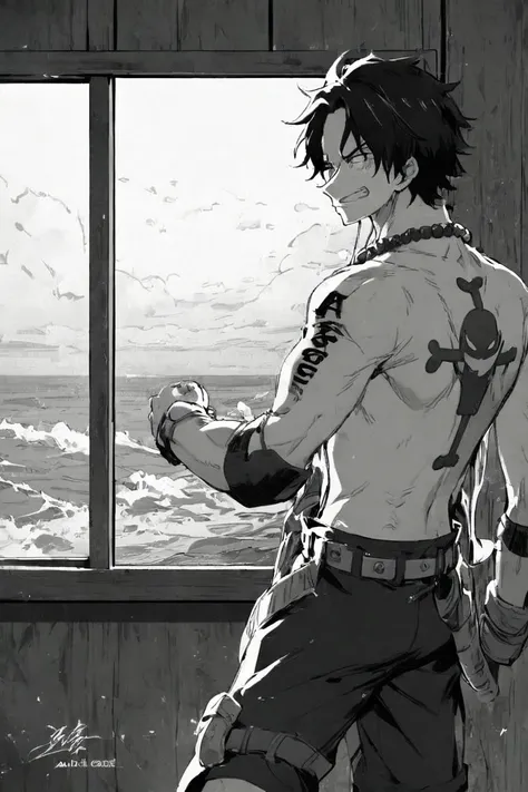 man character, age 26, short black hair, brawny, looking at the coast window, black andwhite