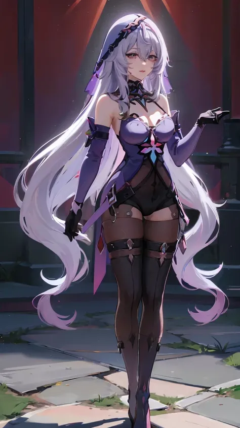 ((honkai: star rail)), ((anime)), ((realism)), ((2.5D)), black swan, white hair, mishceavous smile, rosy cheeks, purple eyes, gradient yellow in eyes, tarot card, elbow gloves, church, purple veil, pantyhose, thigh boots, high heels