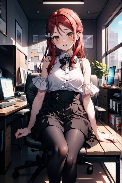 rikosakurauchi, Riko Sakurauchi, (Brown eyes:1.5), Hair between the eyes, Long Hair, (Redhead:1.5), (Small breasts:1.2), smile,blush,Open your mouth,Cold Shoulder Shirt,Short sleeve,Long skirt,Black pantyhose,Stiletto heels,Sitting in a chair,is holding a ...