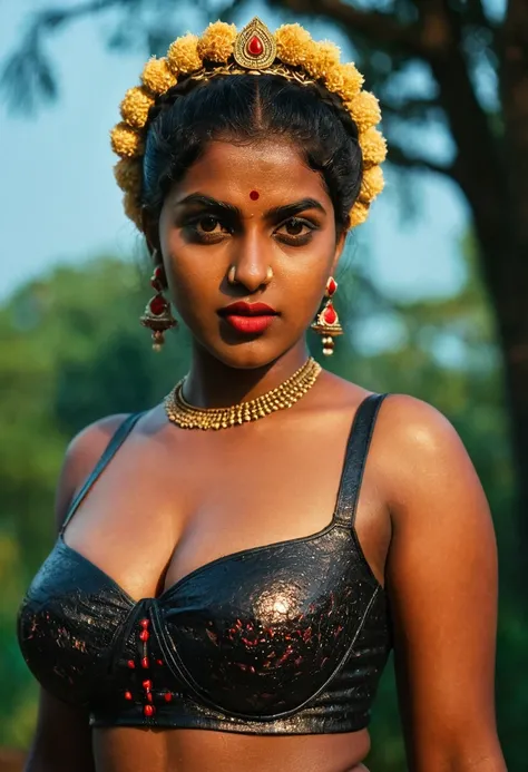 (((photo of a ancient kerala crowned temple goddess ))), (((black kali))) , (((Half Body))), (((very dark skin))), (((age 18+))), (((plus size chubby tall))), (((huge busty milky wet big massive boobs))), (((nude thick thigh))), (((ancient black mini skirt...