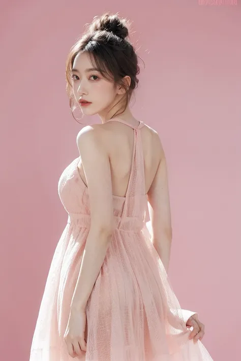 21yo girl, beautiful dress, pink background