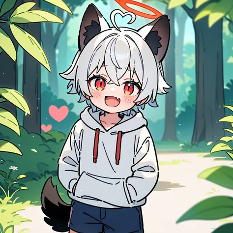 （masterpiece：1.2，high quality），8k，high resolution，a seven-year-old boy，cute boy，white hair，short hair，crossed bangs，red eyes，sli...