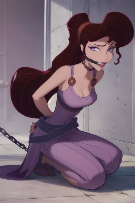 score_9,score_8_up,score_7_up,score_6_up, source_cartoon, break, 1girl, disney, megara, brown hair, purple eyes, long purple dre...