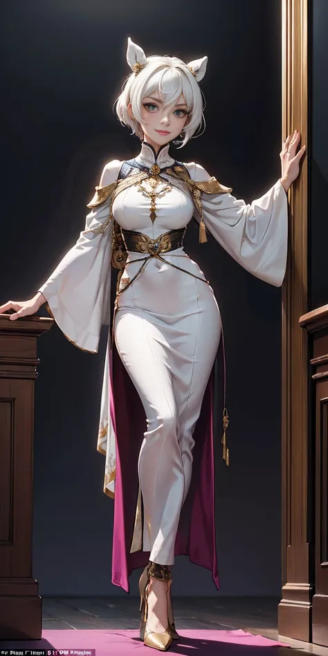 Setting: Royal bedroom - Grand, opulent, with rich fabrics and tapestries Character: Appearance: White hair - Short, styled in a sharp bob Full figure - Curvaceous Attire: High boots - Leather, reaching up the calves Elegant outfit - Befitting the royal se...