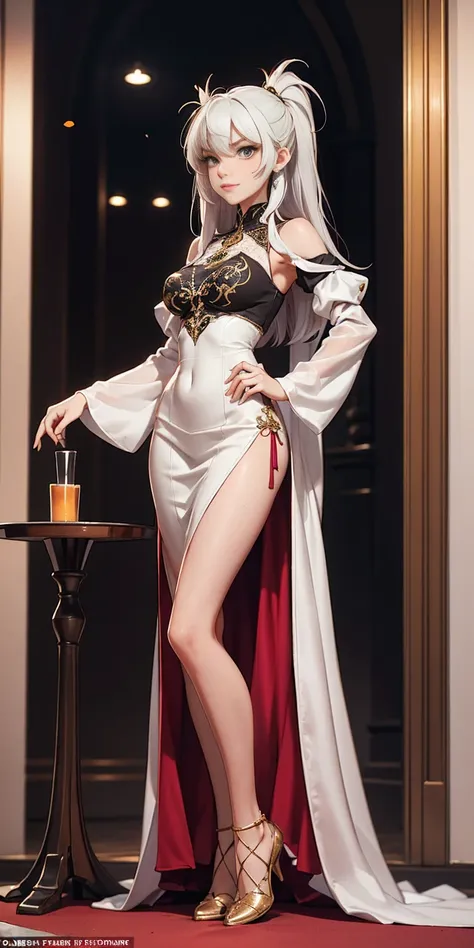 Setting: Royal bedroom - Grand, opulent, with rich fabrics and tapestries Character: Appearance: White hair - Short, styled in a sharp bob Full figure - Curvaceous Attire: High boots - Leather, reaching up the calves Elegant outfit - Befitting the royal se...