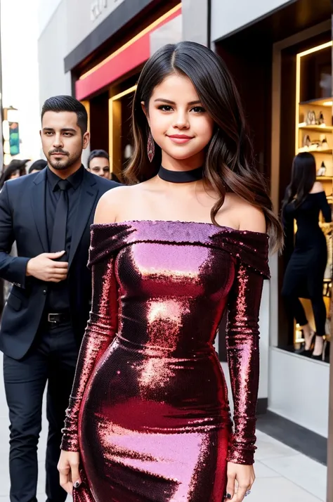 Selena Gomez smiled, wearing a tight, red and black sequined dress by CadetBlue, long sleeves and an off-the-shoulder neckline, standing confidently, strong posture, eyes looking in front of a high-end fashion store, posing charming