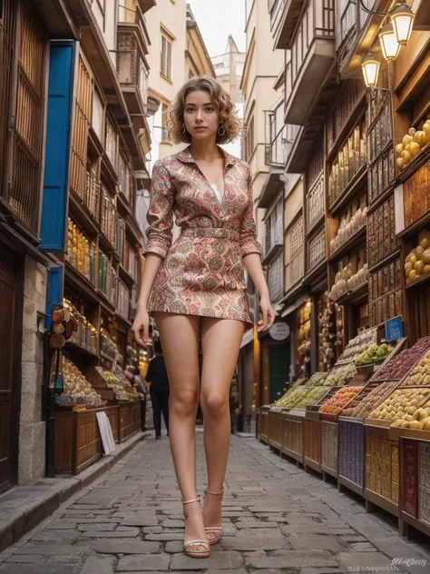 her name is Asako, high quality, 1girl, ((20-year-old fit Caucasian woman)), ((20 years old)), ((slim)), ((Wavy Bob)), pose: standing, wearing stylish fashionable accubi wear different colored, BACKGROUND: Within the labyrinthine alleys of the Grand Bazaar...