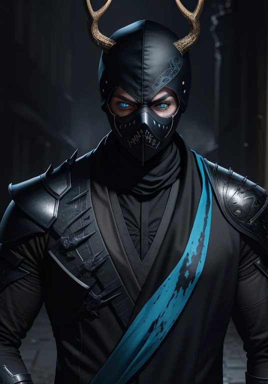 high quality image of a ninja, black suit, suit decorated with blue gothic lines, elk horns on his head, white mask corroded by darkness, an eye instead of the mouth dripping darkness, black eyes, neck full of visible black sutures, golden half-body armor,...