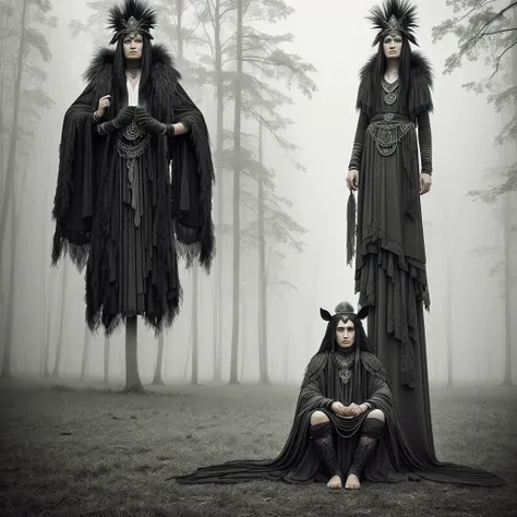 a mystical shaman figure in a misty forest setting, wearing an elaborate headdress made of black and white feathers. the figure ...