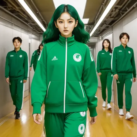 Kang Sae-byeok, Hoyeon Jung, squid game, player 067,  wearing a green tracksuit
