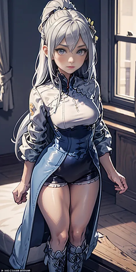 Setting: Royal bedroom - Grand, opulent, with rich fabrics and tapestries Character: Appearance: White hair - Short, styled in a sharp bob Full figure - Curvaceous Attire: High boots - Leather, reaching up the calves Elegant outfit Shirasu Azusa