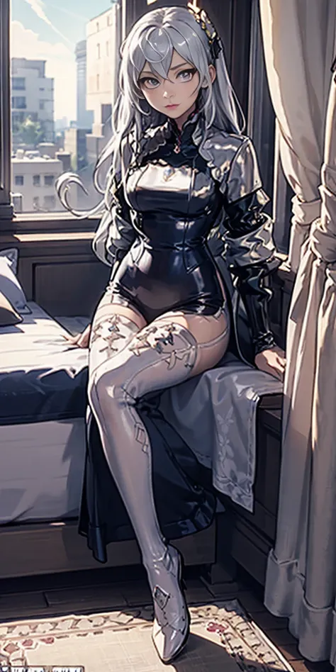 Setting: Royal bedroom - Grand, opulent, with rich fabrics and tapestries Character: Appearance: White hair - Short, styled in a sharp bob Full figure - Curvaceous Attire: High boots - Leather, reaching up the calves Elegant outfit Shirasu Azusa