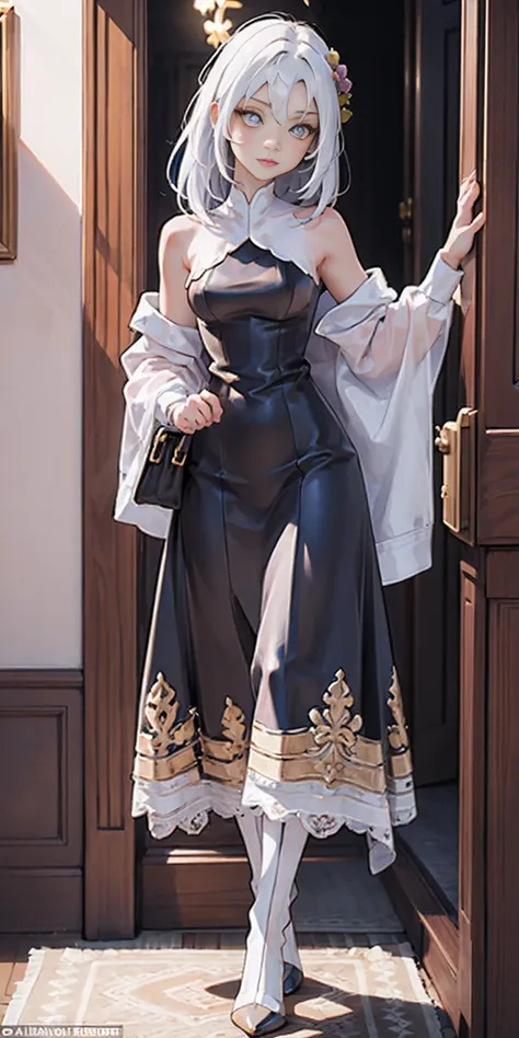 Setting: Royal bedroom - Grand, opulent, with rich fabrics and tapestries Character: Appearance: White hair - Short, styled in a sharp bob Full figure - Curvaceous Attire: High boots - Leather, reaching up the calves Elegant outfit Shirasu Azusa