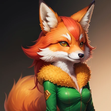 Drawing of an anthropomorphized fox with orange fur, long red hair, expressive green eyes, wearing a shiny dress 