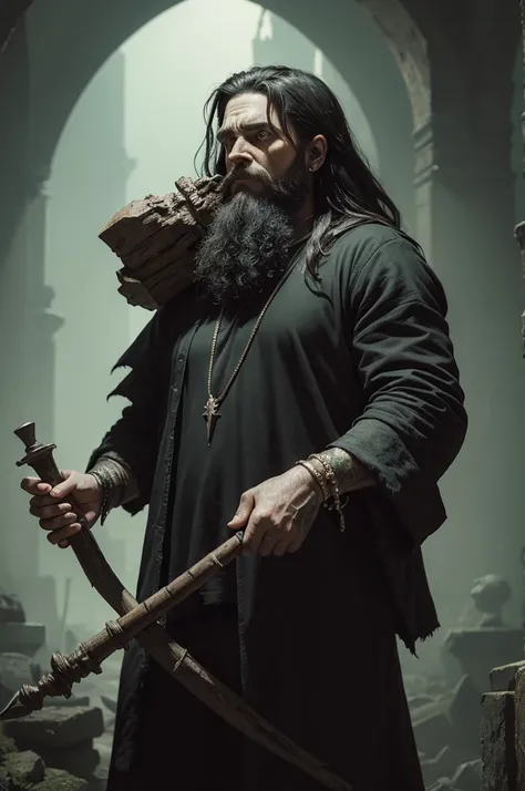 A dark fantasy art where a bearded beggar carries a green severed head of Ozzy Osbourne 