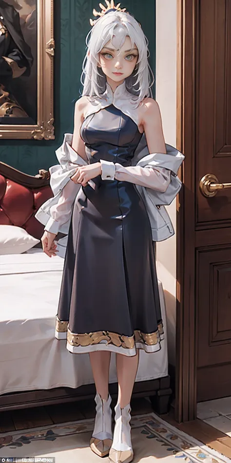 Setting: Royal bedroom - Grand, opulent, with rich fabrics and tapestries Character: Appearance: White hair - Short, styled in a sharp bob Full figure - Curvaceous Attire: High boots - Leather, reaching up the calves Elegant outfit - Befitting the royal se...