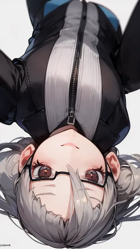 masterpiece, concept art, upside down, close up shot, like selfies, head to toe((must)), aschgray haired early 20s Russian girl, cyberpank fashion, wearing simple eyeglasses, background is mochabrown