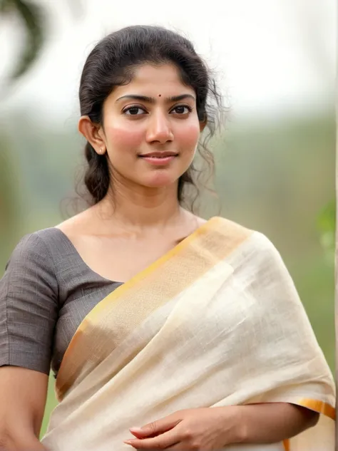 ultrarealistic hires close up photo of a 30-year-old sai pallavi woman, outdoors, realistic skin texture, looking looking at camera, high collar intricate (cotton_saree_blouse:1.2), beautiful bokeh background (((((saree naval belly))))