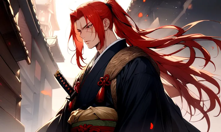 Samurai X Quilonman, alone, Long Hair, One boy, ponytail, Male Focus, Redhead, kimono, kimono, scar, knife, sheath, scar on face, warrior,