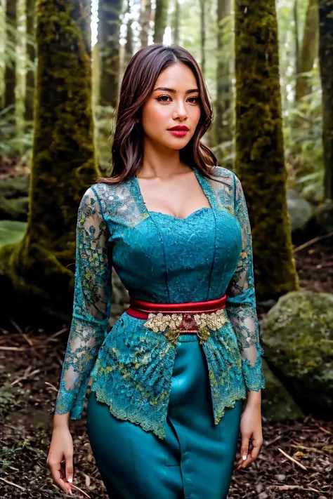 Create a photorealistic masterpiece of a beautiful woman with long hair wearing traditional Indonesian kebaya attire. Set her against a dark, forest backdrop with a captivating glow in the background and bokeh effect. Ensure the image quality is 8K with ul...