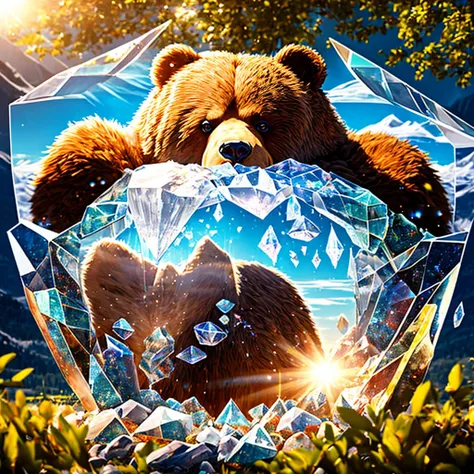 a gigantic bear cloaked in transparent crystals, residing deep within the mountains, shimmering beautifully under the sunlight, ...