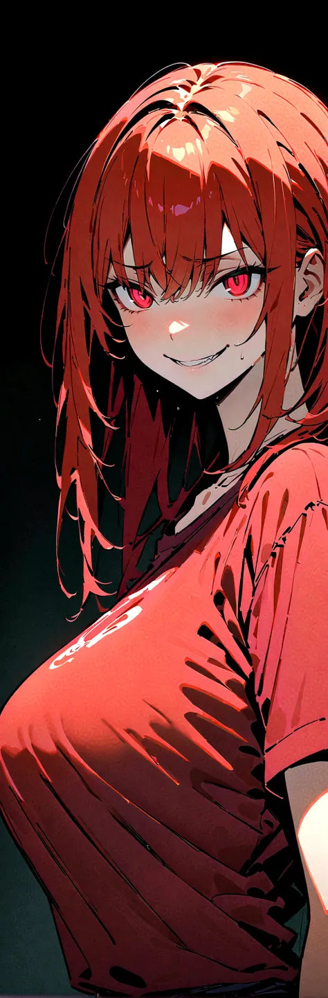 (Masterpiece:1.2, Best Quality), 1 woman, whole body, T-shirt, Casual, big breasts,long red hair, minimal makeup,pale,Natural fabrics, closeup face, evil smile, bright red eyes circular pupils,8K high resolution, detailed lines, ((whole body))