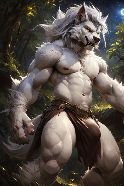 ultra-detailed, masterpiece, masterwork, high quality, best quality, hdr, (nature, night), posted on e621, (by darkgem), nsfw, male, solo, (white little body werewolf), canine, (long  silver hair, yellow eyes, white body, roar), stylish pose, dynamic angle...