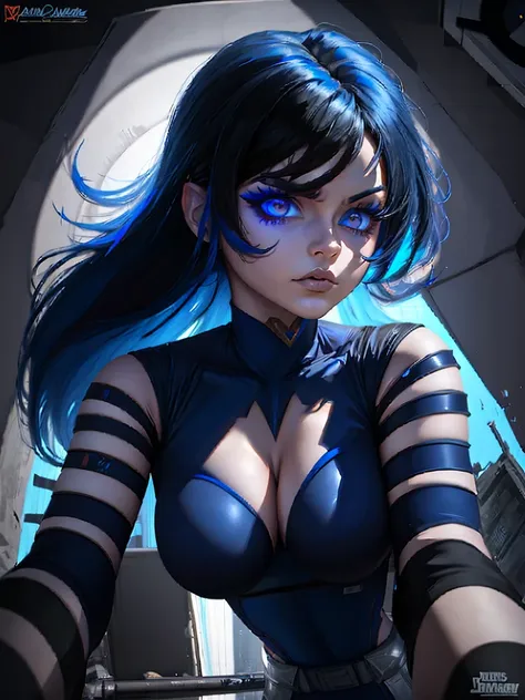 blue power ranger, hurricane ,sexy goth woman big breast, character sheet,goth makeup, character design,view all sides, full det...