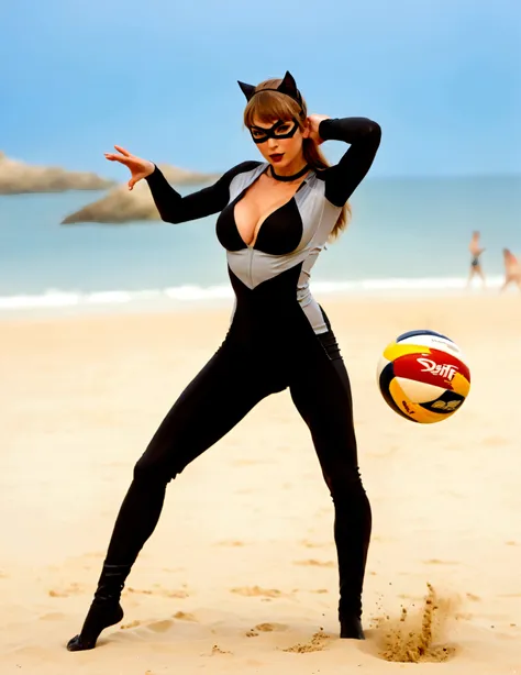 swift woman as catwoman in a sinfully sexy beach outfit (breasts and butt over exposed) is playing volleyball on the beach