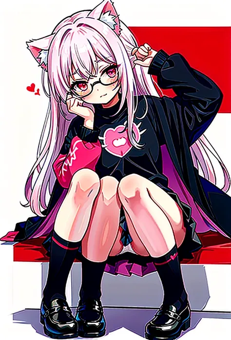 I have white pink hair, cat ears, A good, my face is super red, black glasses, pink heart eyes, a big pink sweatshirt, a black skirt, black stockings, White shoes, A cat&#39;s cola, a woman. Very shy in his bed on his knees they grab some purchases