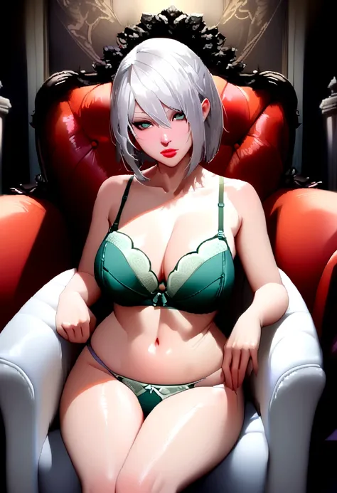 (((Nier Automata))), (((2b)), sitting on a luxurious red sofa, High resolution, (((Silver Hair))), (((Beautiful Face))), (((Green adult sexy bra and panties))), 