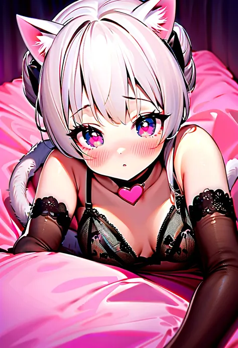 I have white pink hair, cat ears, a bun, my face is super blushing, black glasses, pink heart eyes, and if you could, in lingerie, black stockings, a cat&#39;s tail, a very shy girl, that you are lying on your bed how suspicious it is very small