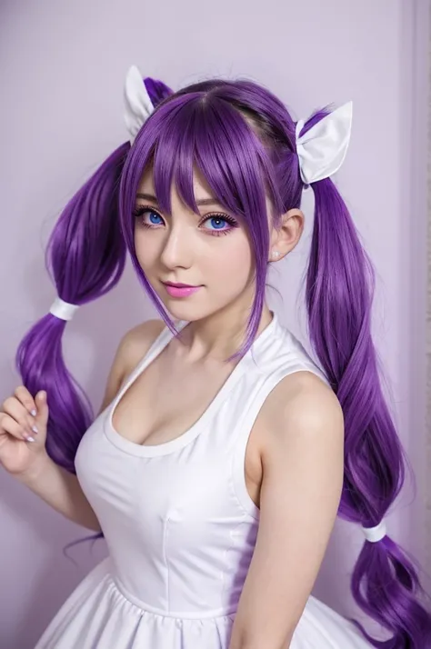 arafed woman with purple hair and white top posing for a picture, white and purple, anime girl cosplay, twintails white_gloves, skydoll noa, purple eyes and white dress, purple body, ahegao, purple aethetic, very aesthetic!!!!!!, cosplay, anime cosplay, se...