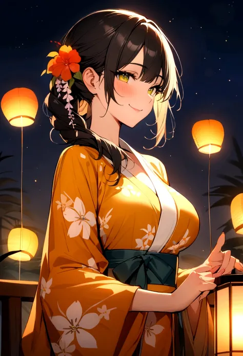 masterpiece, best quality, Summer Kimono, Flowering, firework, firefly，Waves，走在Waves边上, Smile, Night Sky, Black hair