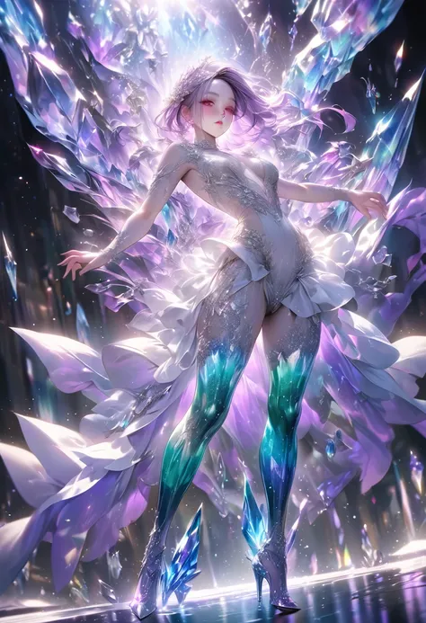 crystal covered, （Full body ：1.3）, alternate color, masterpiece, detailed illustration, realistic, pixiv top quality, exquisite, {{{kawaii 1girl}}}, ultra beauties who fuse with machines, glitter beautiful female, Half of my body is made of machines,  cine...