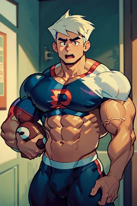 Danny Phantom, ghost, hypnosis, jock, conversion, locker room hallway, hyper muscles, jockstrap, bro, meathead, hypnotized, brainwashed, brainwashing, big dumb jock, football. Glowing eyes. Hyper crotch bulge. Massive bulging crotch. Big balls. Big biceps....