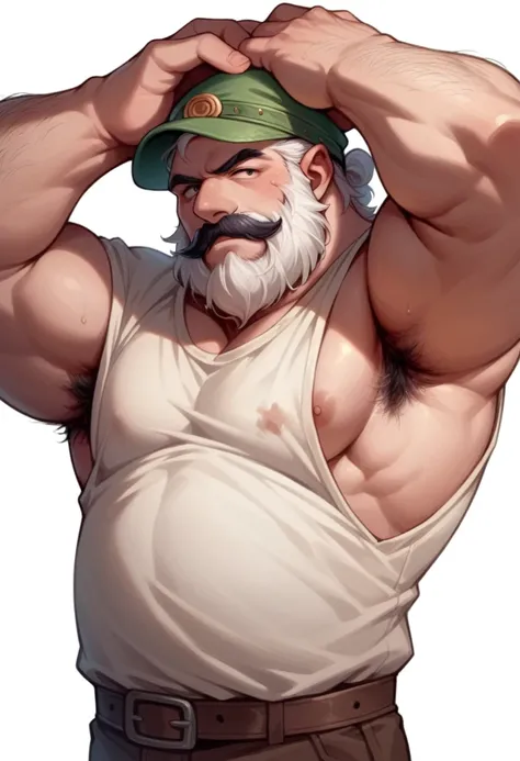 Dwarf Uncle　Big white beard　Black mustache　A worn-out running shirt　Hairy　Put your hands on your head and put your hat back on　Armpit hair　Upper body painting　Anime taste