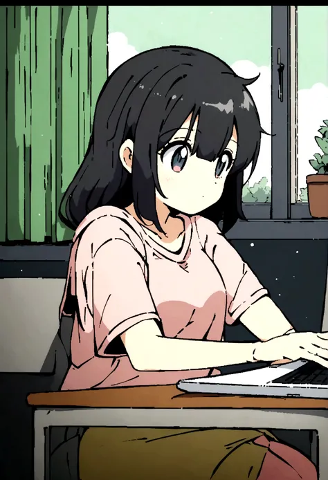 Anime girl sitting at a desk with a laptop and a book, Lo-fi art style, Anime Aesthetics, Lo-fi Girl, Anime Background Art, Studio Greeble Makoto Shinkai, Lo-fi Girl aesthetic, Makoto Shinkai style, In the style of Makoto Shinkai, ( ( makoto shinkai ) ), R...