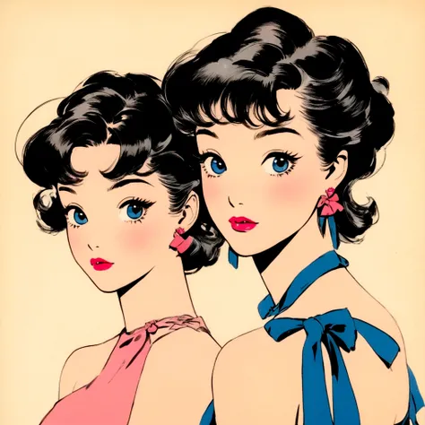 A retro girl（Cute:1.3 points）,（Eighties:1.4 points）,（Retro Hong Kong style:1.3 points），Hojoji style，Vintage pictorial，Showa manga，1990s animation style，Vintage jewelry，Black short hair，earrings，necklace，Blue Eyes，Bow，Bust，clavicle，Pink lips，Off-shoulder to...