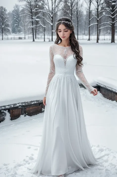 An elegant, beautiful lady stood gracefully on the snow-covered ground, her long, flowing dress contrasting strikingly against the white landscape. Her delicate features and serene expression exuded a timeless charm, enhanced by the gentle snowfall around ...