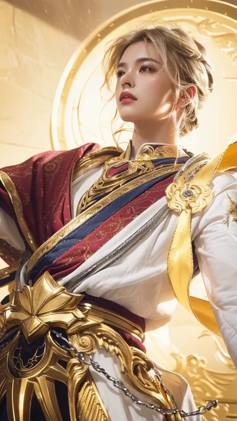 a close up portrait of a handsome boy, male, golden-white robes, gold and white robes, intricate detailed embroidered patterns, medieval fantasy, digital art, cinematic lighting, dramatic pose, holding a shiny silver sword, strong expression, chiaroscuro l...